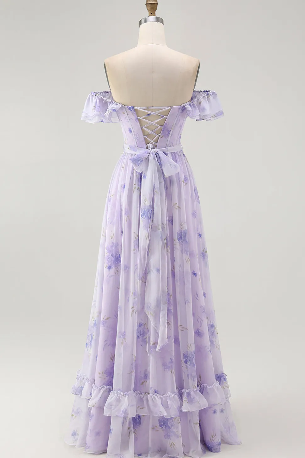 Lavanda Floral babado fora do ombro Um vestido de dama de honra linha