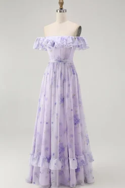 Lavanda Floral babado fora do ombro Um vestido de dama de honra linha