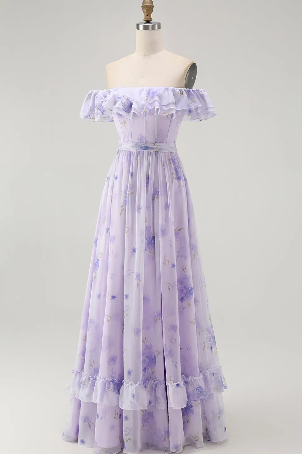 Lavanda Floral babado fora do ombro Um vestido de dama de honra linha