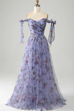 Lavanda Floral Estampa Tulle Prom Vestido com Pississados