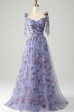 Lavanda Floral Estampa Tulle Prom Vestido com Pississados