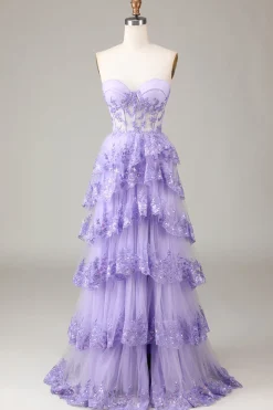 Lavanda Strapless Tiered Tulle Corset Prom Dress com Appliques