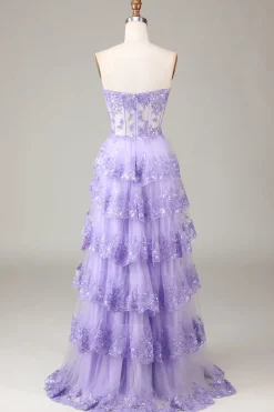 Lavanda Strapless Tiered Tulle Corset Prom Dress com Appliques