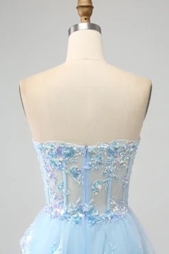 Lavanda Strapless Tiered Tulle Corset Prom Dress com Appliques