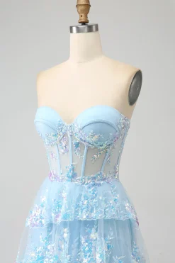 Lavanda Strapless Tiered Tulle Corset Prom Dress com Appliques
