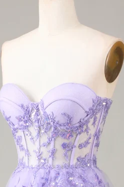 Lavanda Strapless Tiered Tulle Corset Prom Dress com Appliques