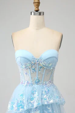 Lavanda Strapless Tiered Tulle Corset Prom Dress com Appliques