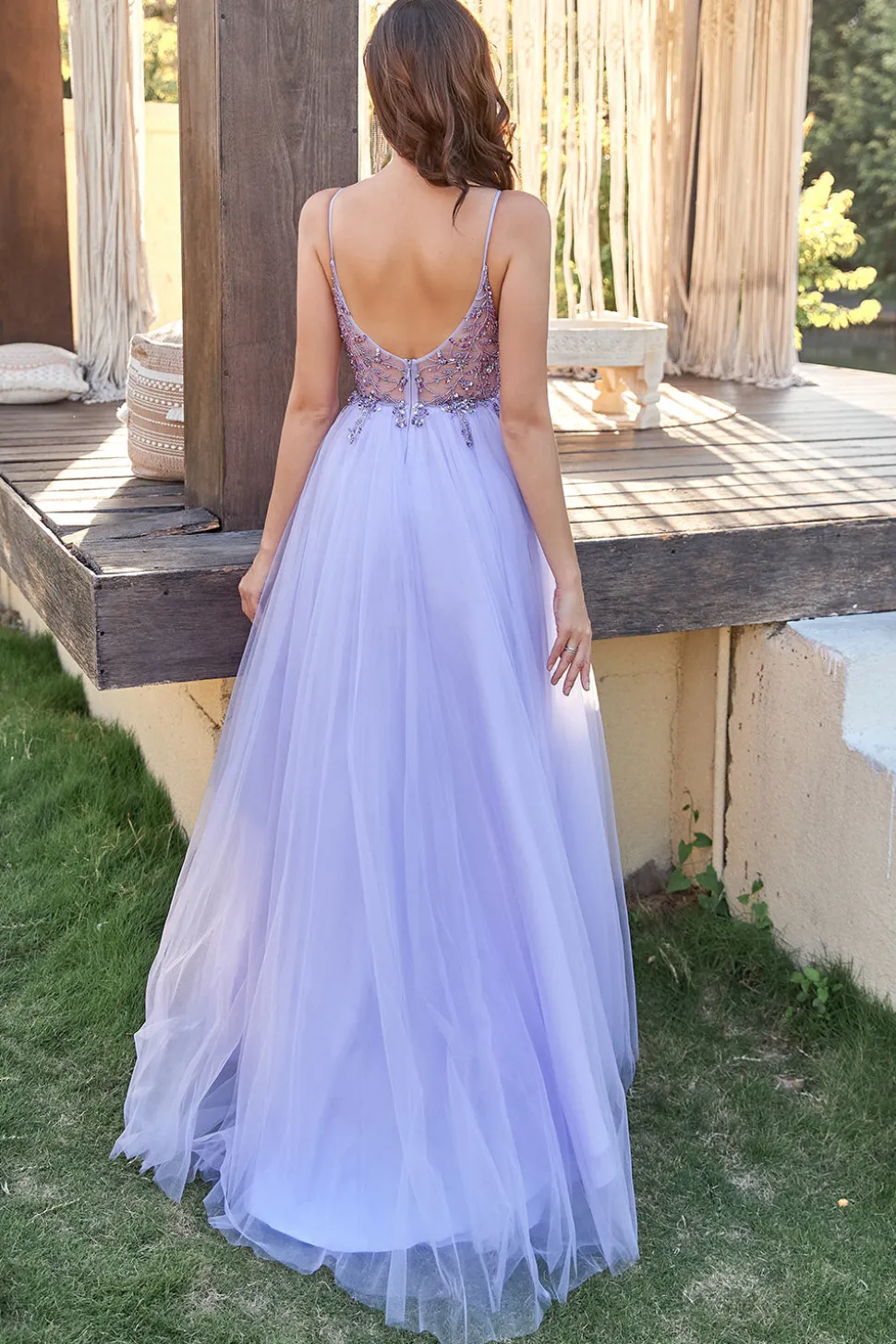 Lavanda Tulle Vestido de baile de linha com missangas