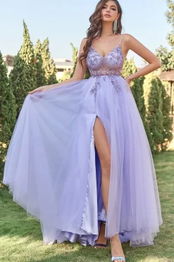Lavanda Tulle Vestido de baile de linha com missangas