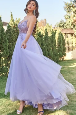 Lavanda Tulle Vestido de baile de linha com missangas