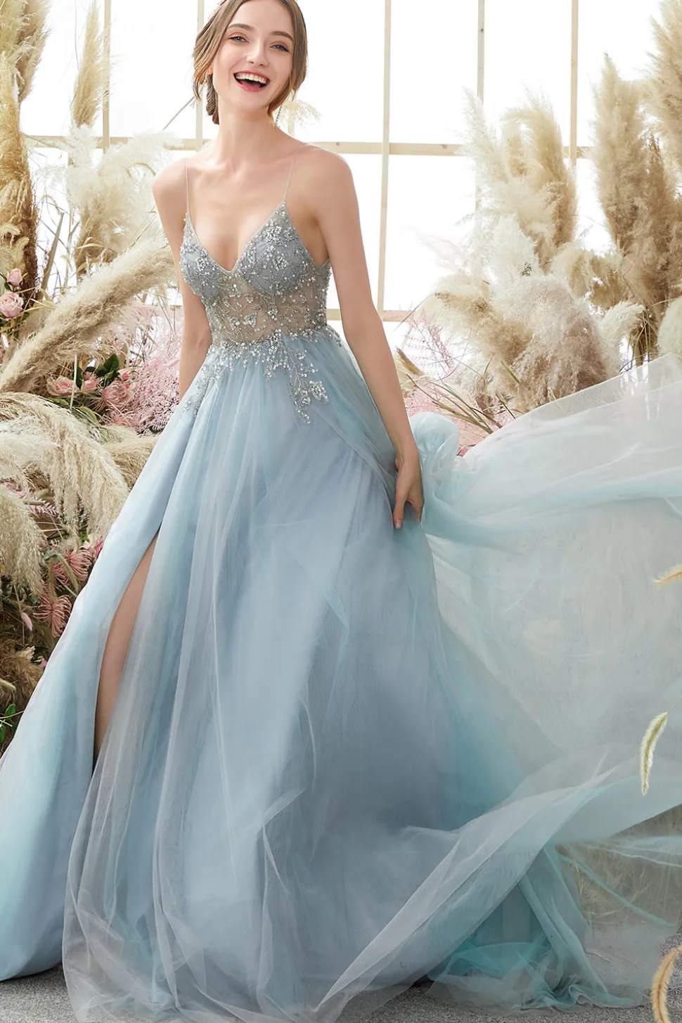 Lavanda Tulle Vestido de baile de linha com missangas