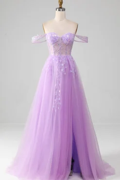 Lavanda Uma linha de tule fora do ombro vestido de baile com fenda