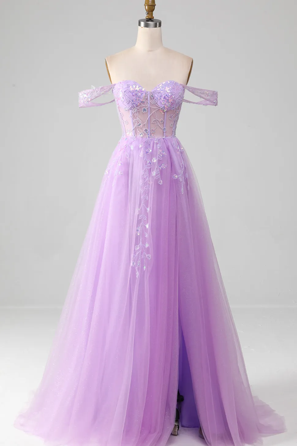 Lavanda Uma linha de tule fora do ombro vestido de baile com fenda