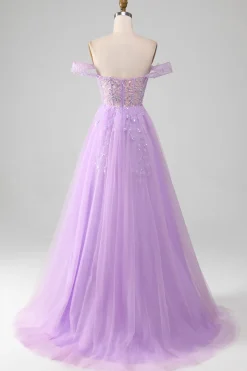Lavanda Uma linha de tule fora do ombro vestido de baile com fenda
