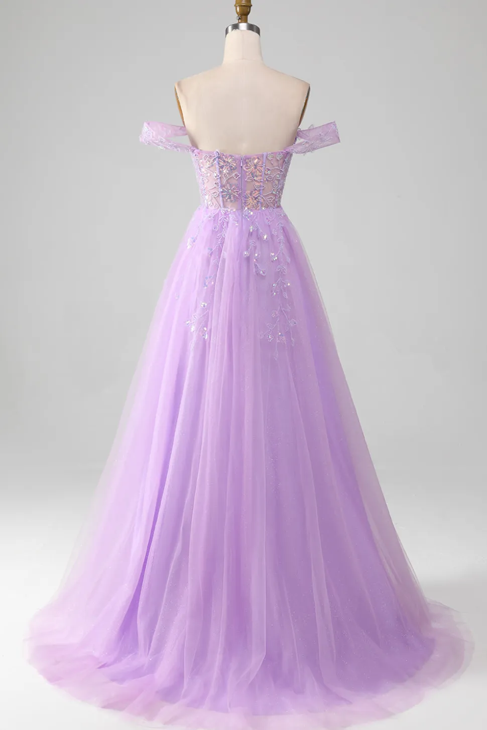 Lavanda Uma linha de tule fora do ombro vestido de baile com fenda