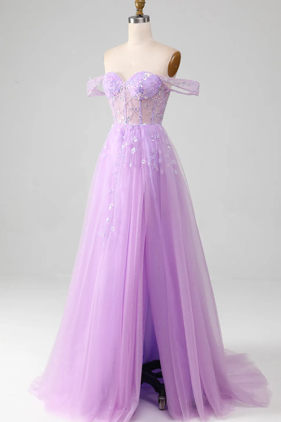 Lavanda Uma linha de tule fora do ombro vestido de baile com fenda