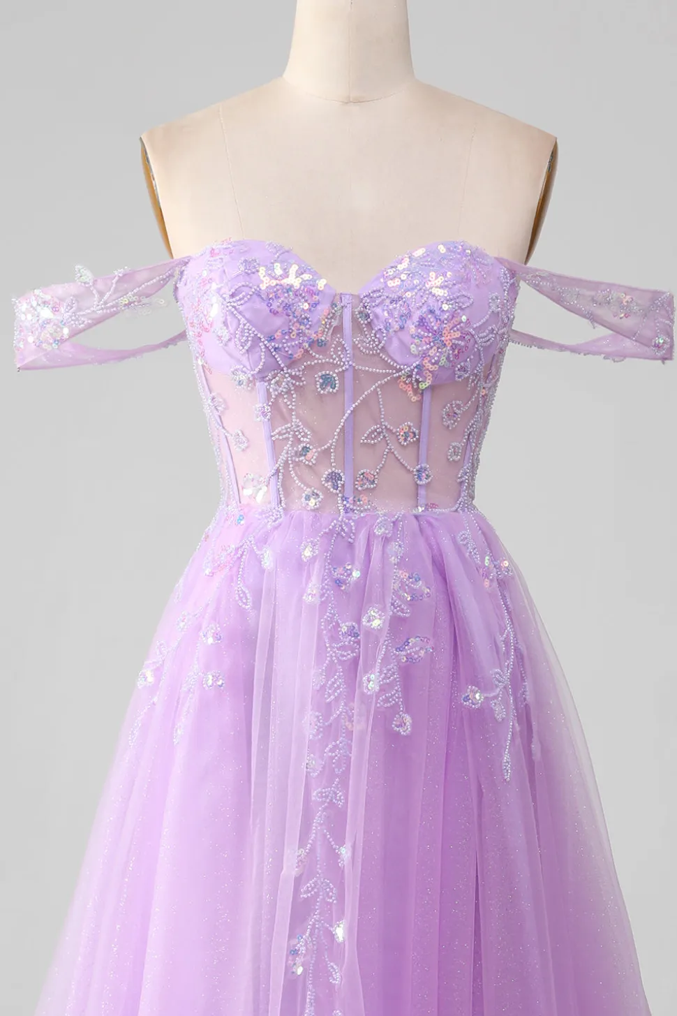 Lavanda Uma linha de tule fora do ombro vestido de baile com fenda