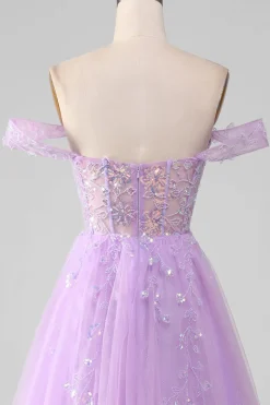 Lavanda Uma linha de tule fora do ombro vestido de baile com fenda