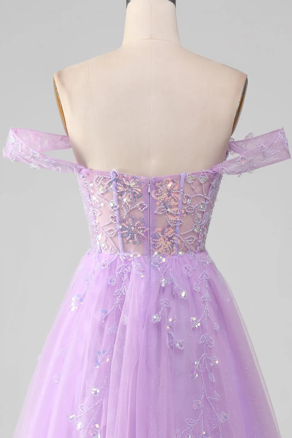 Lavanda Uma linha de tule fora do ombro vestido de baile com fenda