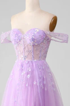 Lavanda Uma linha de tule fora do ombro vestido de baile com fenda