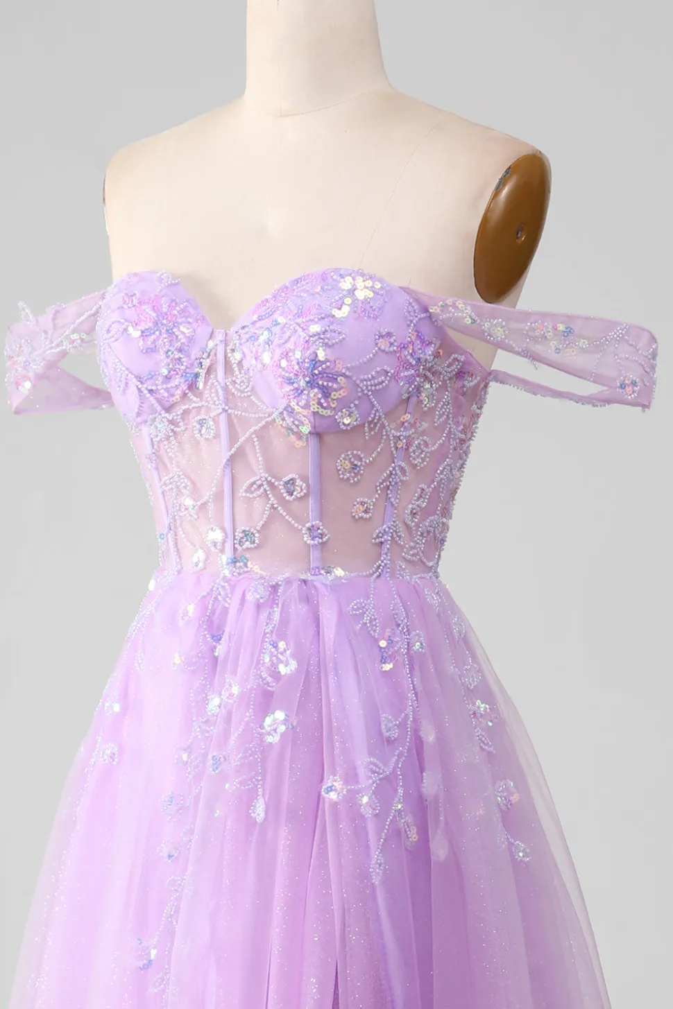 Lavanda Uma linha de tule fora do ombro vestido de baile com fenda
