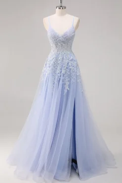 Lavanda Uma Linha Esparguete Correias Tule Frisado Vestido Longo Baile com Fenda
