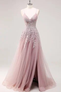 Lavanda Uma Linha Esparguete Correias Tule Frisado Vestido Longo Baile com Fenda