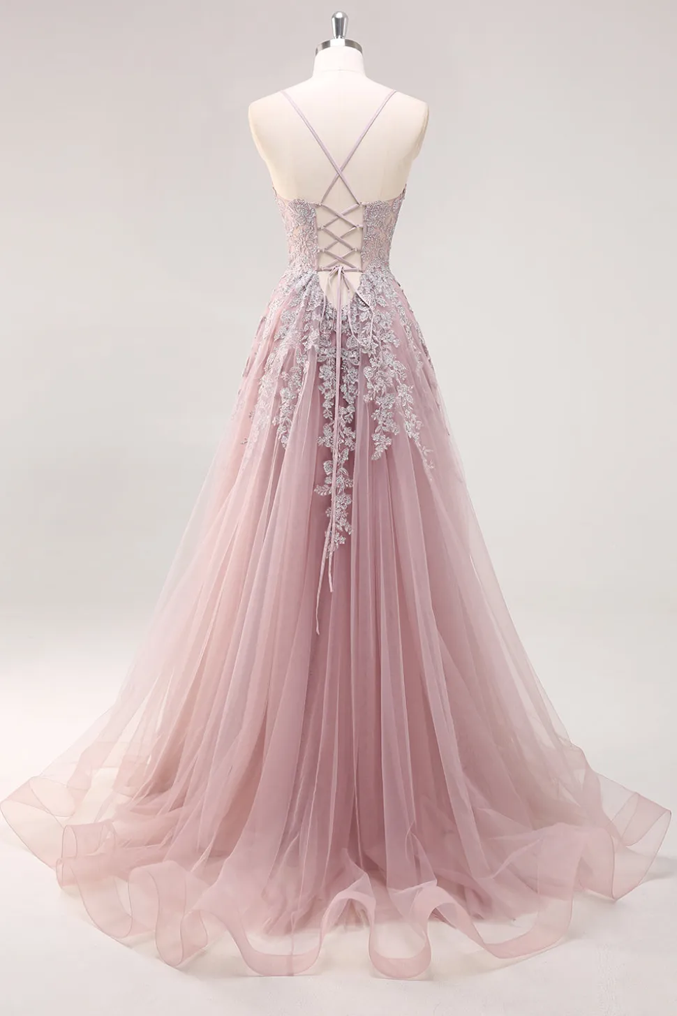 Lavanda Uma Linha Esparguete Correias Tule Frisado Vestido Longo Baile com Fenda