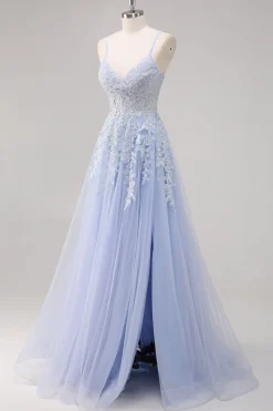 Lavanda Uma Linha Esparguete Correias Tule Frisado Vestido Longo Baile com Fenda