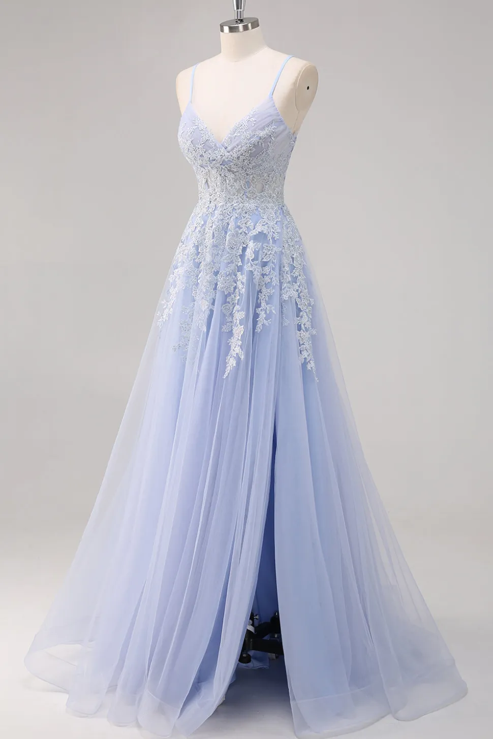 Lavanda Uma Linha Esparguete Correias Tule Frisado Vestido Longo Baile com Fenda