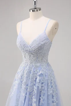 Lavanda Uma Linha Esparguete Correias Tule Frisado Vestido Longo Baile com Fenda