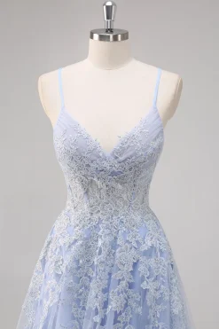 Lavanda Uma Linha Esparguete Correias Tule Frisado Vestido Longo Baile com Fenda
