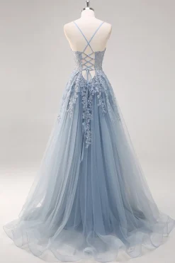 Lavanda Uma Linha Esparguete Correias Tule Frisado Vestido Longo Baile com Fenda