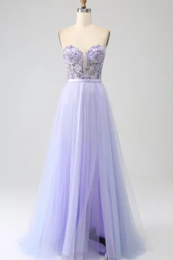 Lavanda Uma Linha Tule Corset Prom Dress com Fenda