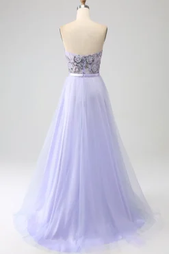 Lavanda Uma Linha Tule Corset Prom Dress com Fenda