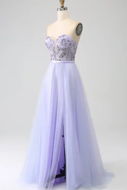 Lavanda Uma Linha Tule Corset Prom Dress com Fenda