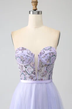 Lavanda Uma Linha Tule Corset Prom Dress com Fenda