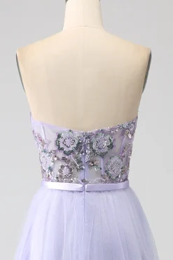 Lavanda Uma Linha Tule Corset Prom Dress com Fenda