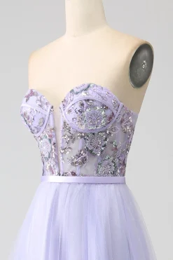 Lavanda Uma Linha Tule Corset Prom Dress com Fenda