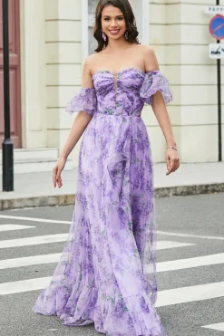 Laveender estampado uma linha vestido de baile com mangas removíveis