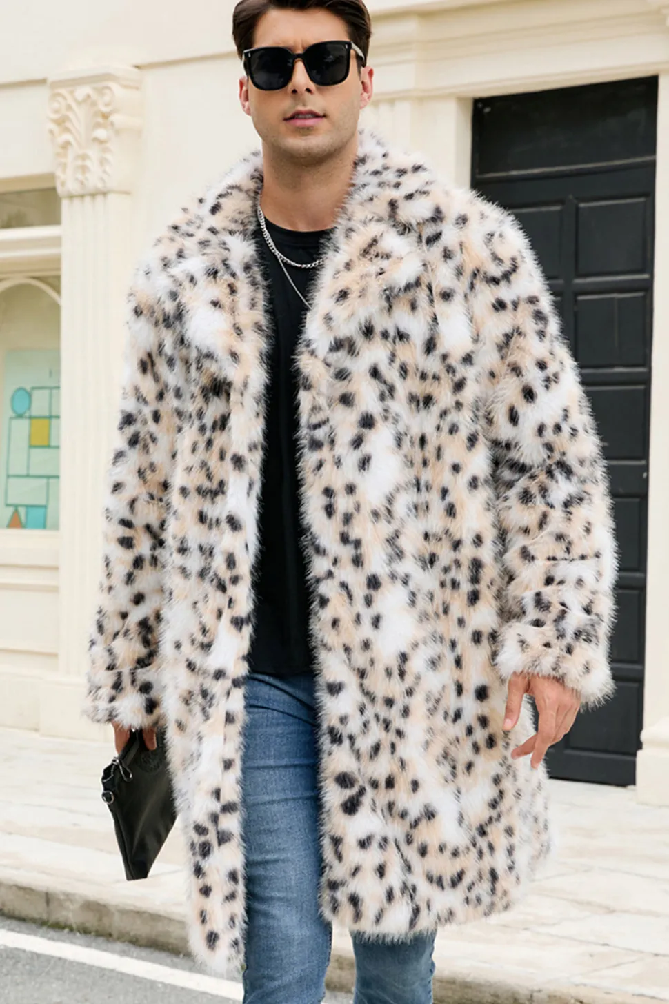 Leopardo Branco Notched Lapela Long Faux Fur Winter Men's Coat