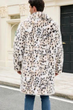 Leopardo Branco Notched Lapela Long Faux Fur Winter Men's Coat