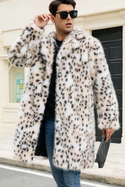 Leopardo Branco Notched Lapela Long Faux Fur Winter Men's Coat