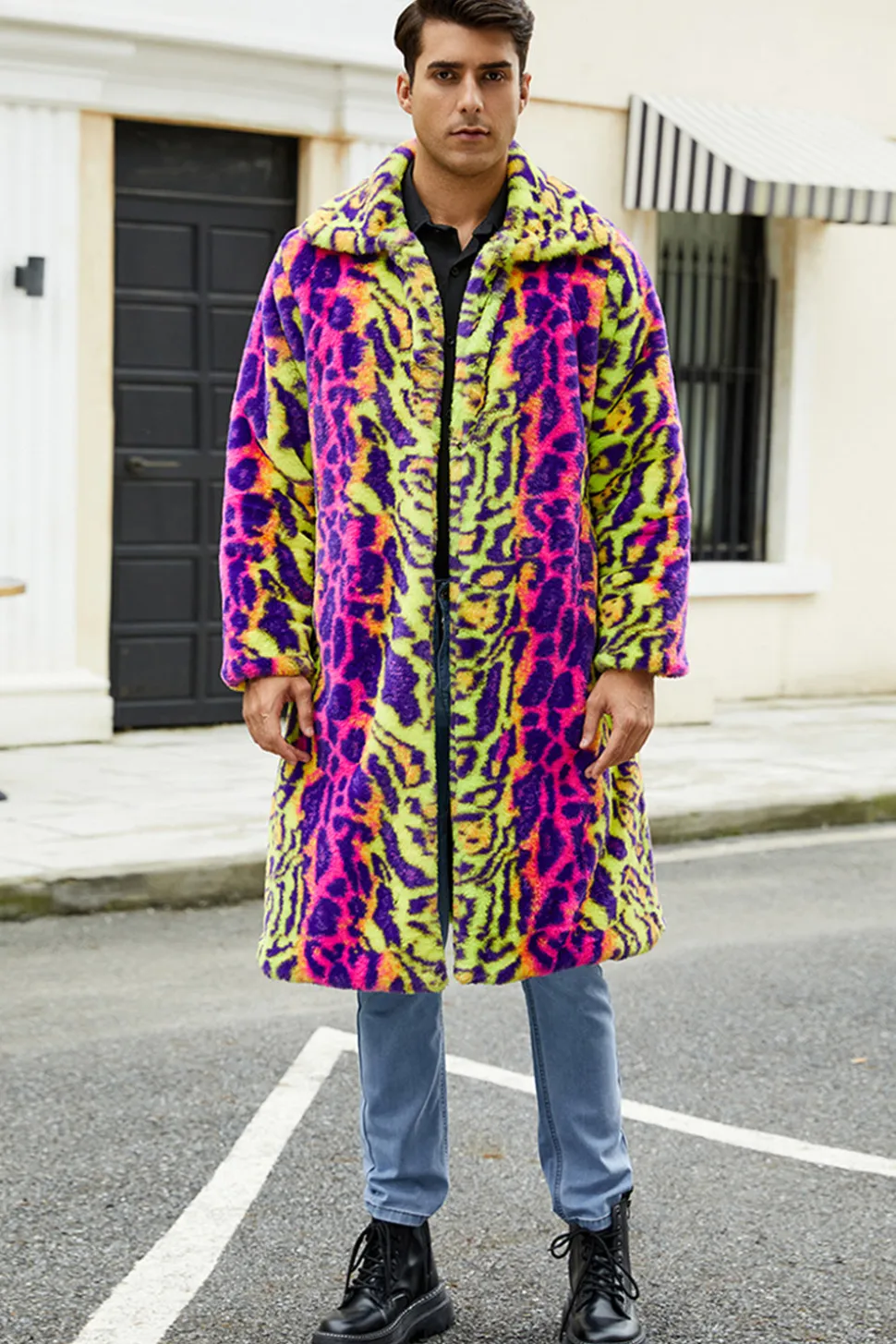 Leopardo colorido Long Faux Fur Winter Men's Coat