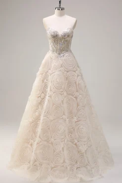 Light Champagne Princess Espartilho Floral Sem Alças Vestido Longo Baile de Formatura com Sequins