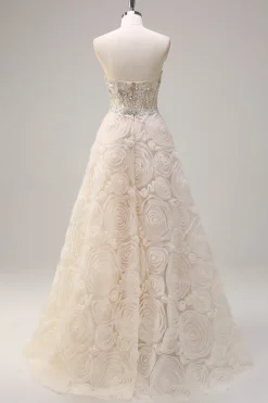 Light Champagne Princess Espartilho Floral Sem Alças Vestido Longo Baile de Formatura com Sequins