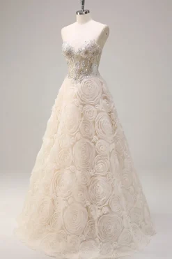Light Champagne Princess Espartilho Floral Sem Alças Vestido Longo Baile de Formatura com Sequins