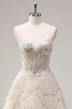 Light Champagne Princess Espartilho Floral Sem Alças Vestido Longo Baile de Formatura com Sequins