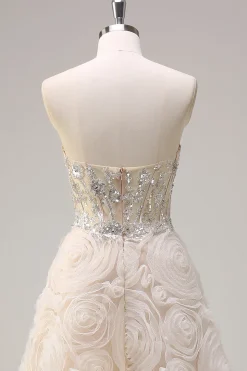 Light Champagne Princess Espartilho Floral Sem Alças Vestido Longo Baile de Formatura com Sequins