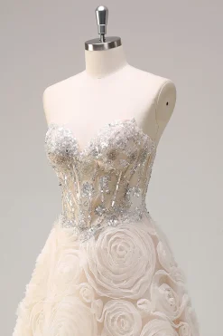Light Champagne Princess Espartilho Floral Sem Alças Vestido Longo Baile de Formatura com Sequins